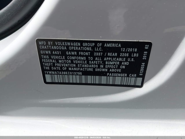 2019 Volkswagen Passat 2.0t Se R-line მანქანა იყიდება აუქციონზე, vin: 1VWMA7A39KC013795, აუქციონის ნომერი: 45291219