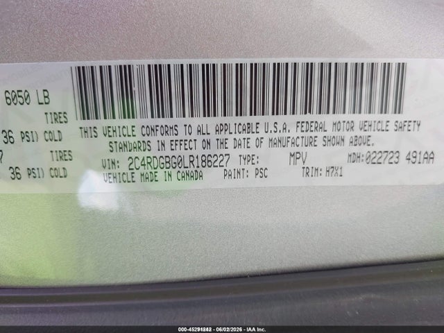Aukcja sprzedaży 2020 Dodge Grand Caravan Se, vin: 2C4RDGBG0LR186227, numer aukcji: 45291242
