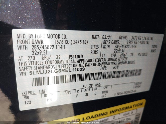 Auction sale of the 2024 Lincoln Navigator Reserve, vin: 5LMJJ2LG6REL11009, lot number: 45291245