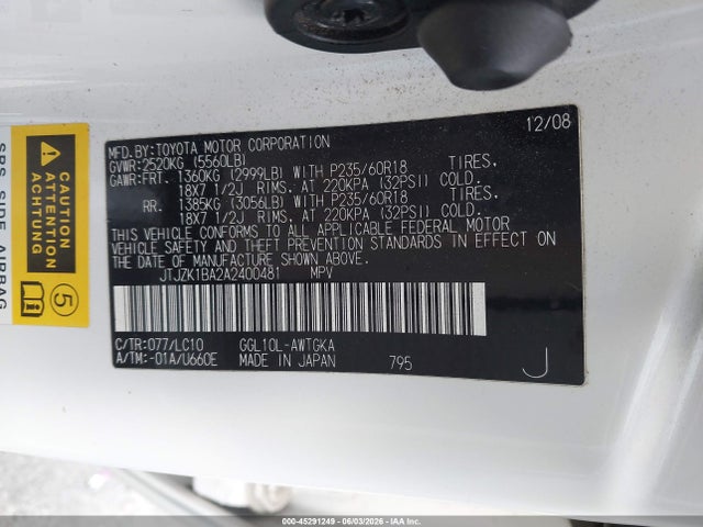 45291249 :رقم المزاد ، JTJZK1BA2A2400481 vin ، 2010 Lexus Rx 350 مزاد بيع