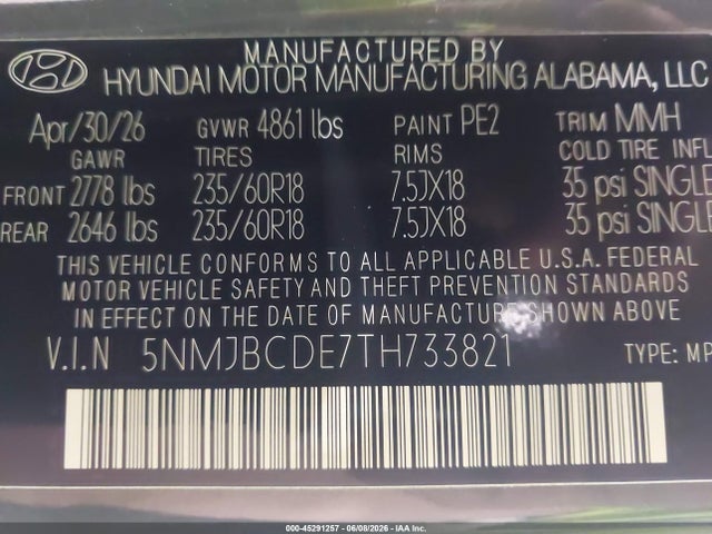 2026 Hyundai Tucson Sel მანქანა იყიდება აუქციონზე, vin: 5NMJBCDE7TH733821, აუქციონის ნომერი: 45291257