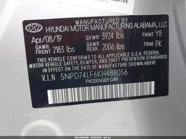 Auction sale of the 2019 Hyundai Elantra Se, vin: 5NPD74LF6KH488056, lot number: 45291260