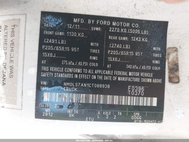 Продаж на аукціоні авто 2012 Ford Transit Connect Xl, vin: NM0LS7AN1CT088938, номер лоту: 45291268