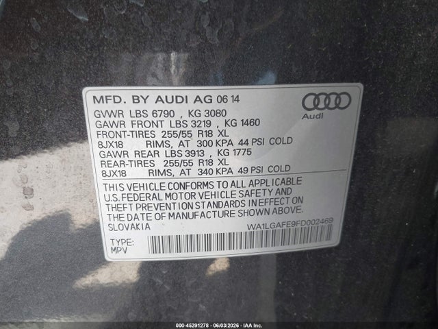Aukcja sprzedaży 2015 Audi Q7 3.0t Premium, vin: WA1LGAFE9FD002469, numer aukcji: 45291278