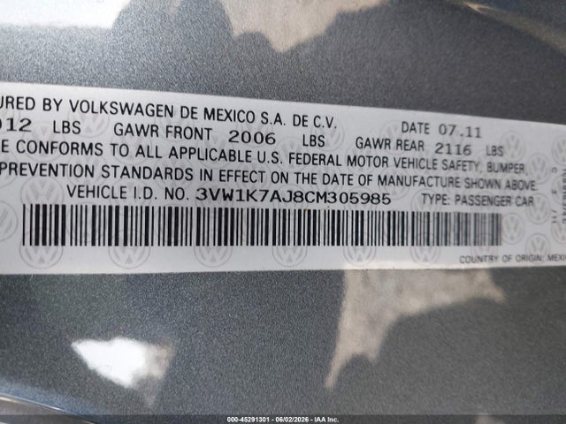 Продажа на аукционе авто 2012 Volkswagen Jetta 2.0l S, vin: 3VW1K7AJ8CM305985, номер лота: 45291301