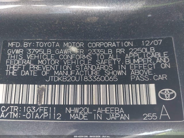 45291306 :رقم المزاد ، JTDKB20U183360065 vin ، 2008 Toyota Prius مزاد بيع