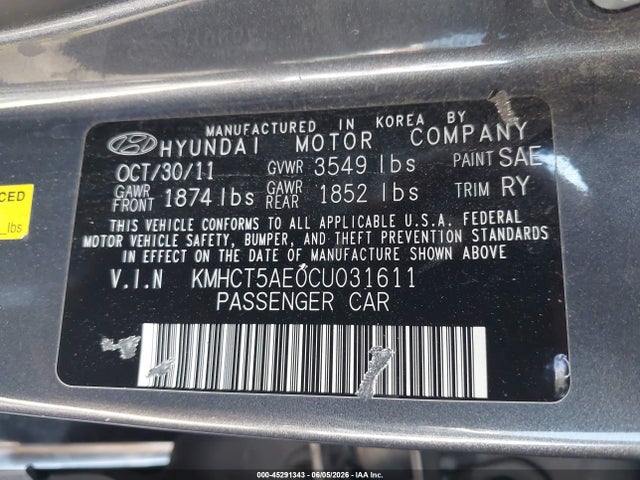 2012 Hyundai Accent Gs მანქანა იყიდება აუქციონზე, vin: KMHCT5AE0CU031611, აუქციონის ნომერი: 45291343