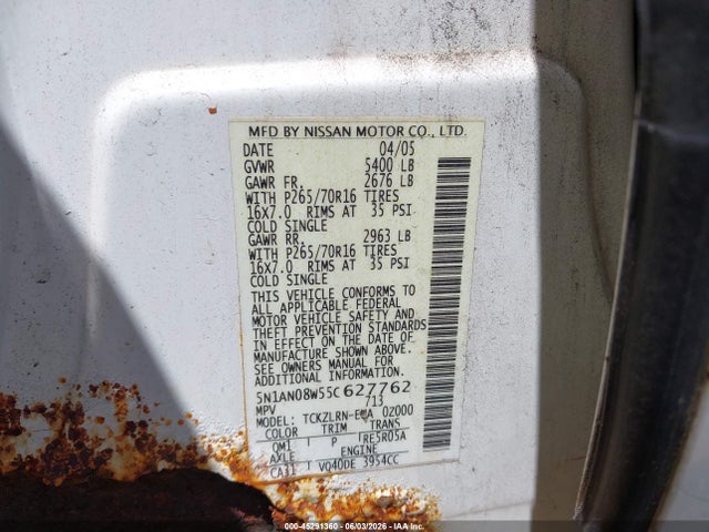 45291360 :رقم المزاد ، 5N1AN08W55C627762 vin ، 2005 Nissan Xterra S مزاد بيع