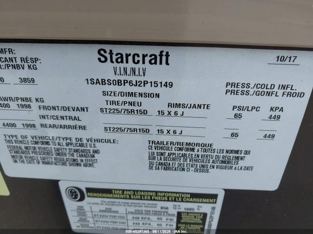 Продаж на аукціоні авто 2018 Starcraft Other, vin: 1SABS0BP6J2P15149, номер лоту: 45291365