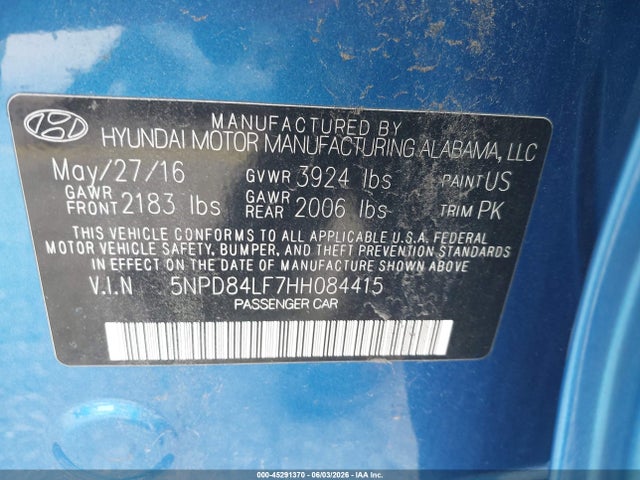 Продажа на аукционе авто 2017 Hyundai Elantra Limited, vin: 5NPD84LF7HH084415, номер лота: 45291370