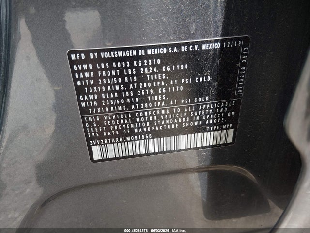 2020 Volkswagen Tiguan 2.0t Se/2.0t Se R-line Black/2.0t Sel მანქანა იყიდება აუქციონზე, vin: 3VV2B7AX6LM091558, აუქციონის ნომერი: 45291376