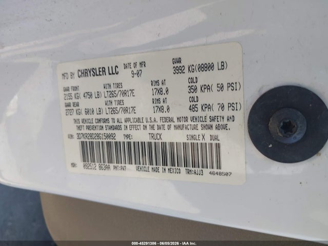 2008 Dodge Ram 2500 Slt მანქანა იყიდება აუქციონზე, vin: 3D7KR28D28G150092, აუქციონის ნომერი: 45291386