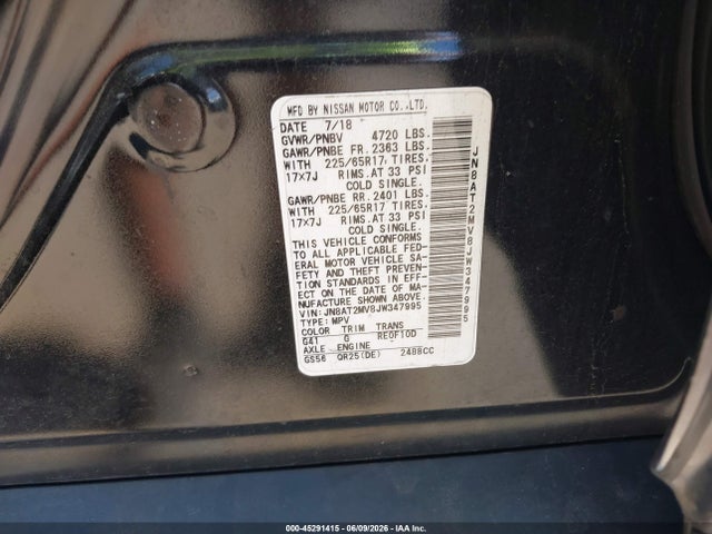 45291415 :رقم المزاد ، JN8AT2MV8JW347995 vin ، 2018 Nissan Rogue Sv مزاد بيع