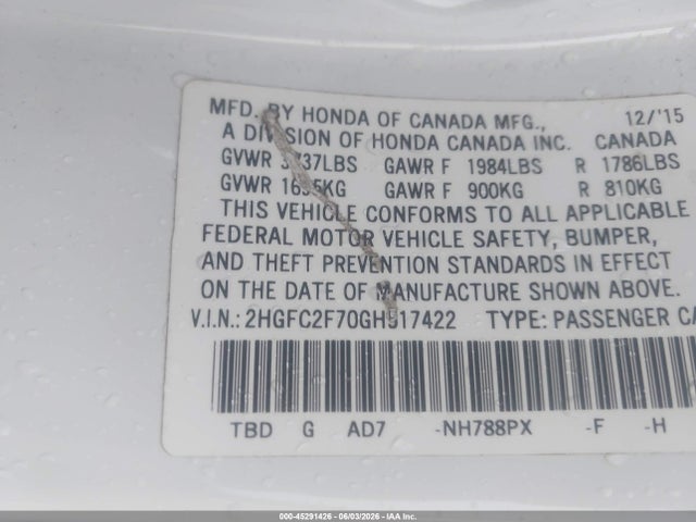 Продажа на аукционе авто 2016 Honda Civic Ex, vin: 2HGFC2F70GH517422, номер лота: 45291426
