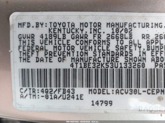Aukcja sprzedaży 2003 Toyota Camry Le, vin: 4T1BE32K53U133260, numer aukcji: 45291454