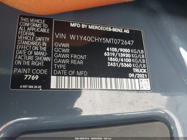 45291518 :رقم المزاد ، W1Y40CHY5MT072647 vin ، 2021 Mercedes-benz Sprinter 2500 High Roof I4 مزاد بيع