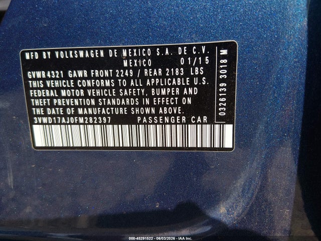 2015 Volkswagen Jetta 1.8t Se მანქანა იყიდება აუქციონზე, vin: 3VWD17AJ0FM282397, აუქციონის ნომერი: 45291522