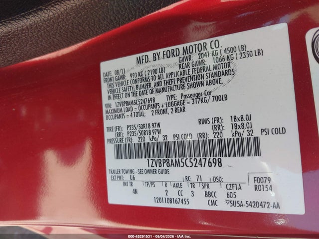 Продаж на аукціоні авто 2012 Ford Mustang V6 Premium, vin: 1ZVBP8AM5C5247698, номер лоту: 45291531