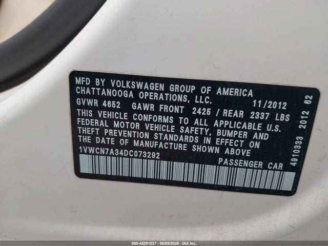 45291537 :رقم المزاد ، 1VWCN7A34DC073292 vin ، 2013 Volkswagen Passat 2.0l Tdi Sel Premium مزاد بيع
