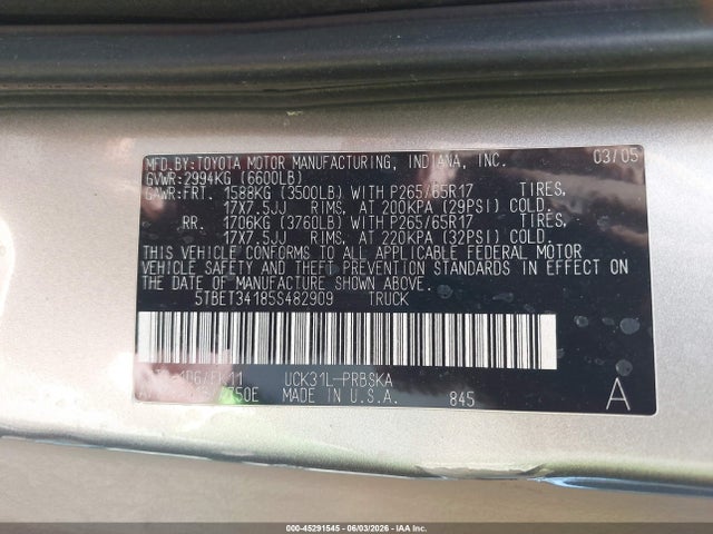 Aukcja sprzedaży 2005 Toyota Tundra Sr5 V8, vin: 5TBET34185S482909, numer aukcji: 45291545