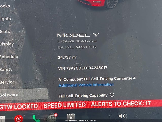 Auction sale of the 2024 Tesla Model Y Long Range Dual Motor All-wheel Drive, vin: 7SAYGDEE0RA245017, lot number: 45291547