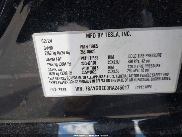 Auction sale of the 2024 Tesla Model Y Long Range Dual Motor All-wheel Drive, vin: 7SAYGDEE0RA245017, lot number: 45291547