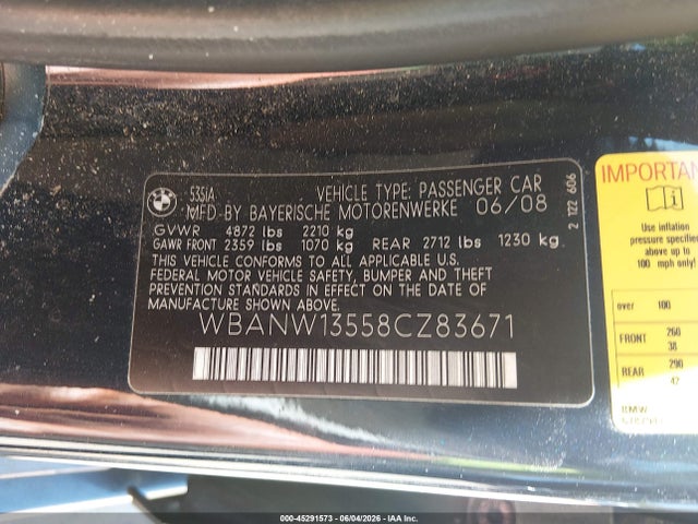 Aukcja sprzedaży 2008 Bmw 535i, vin: WBANW13558CZ83671, numer aukcji: 45291573