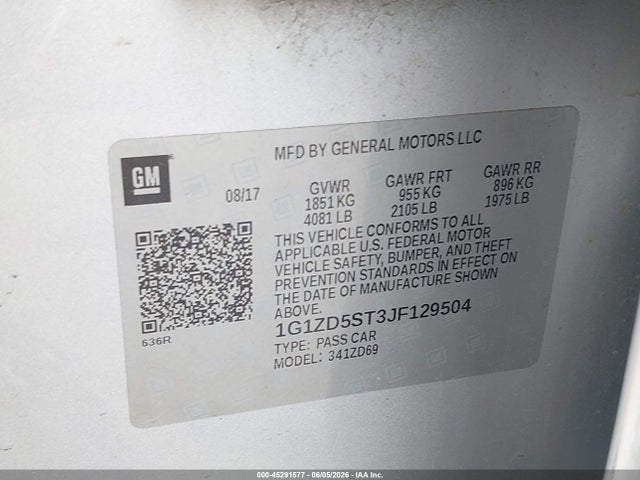 45291577 :رقم المزاد ، 1G1ZD5ST3JF129504 vin ، 2018 Chevrolet Malibu Lt مزاد بيع