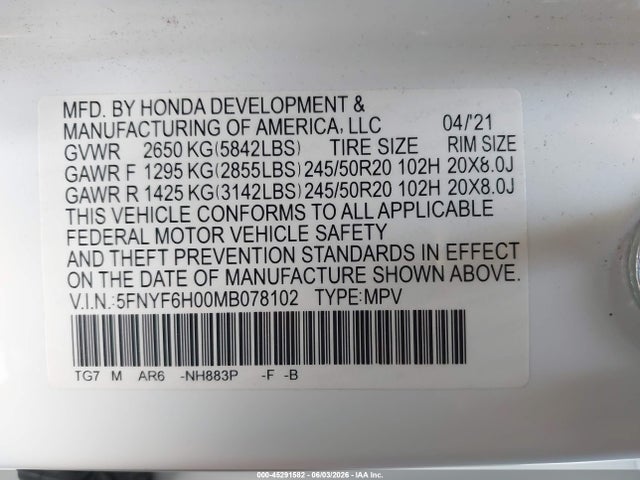 Honda Pilot Awd Elite 2021 5FNYF6H00MB078102 Image 9