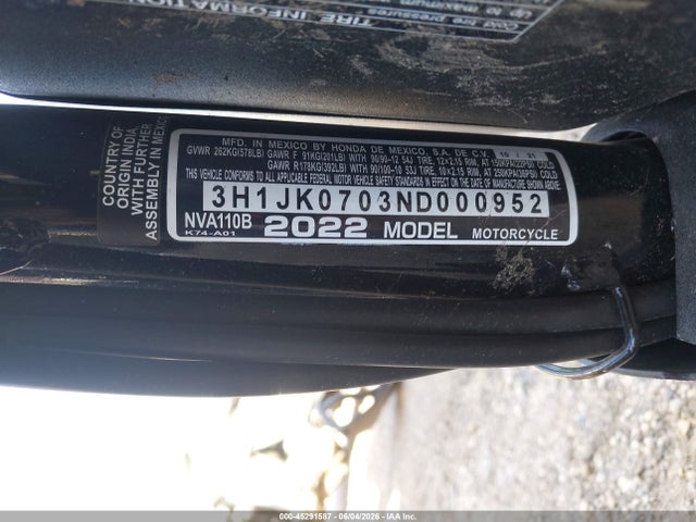Продажа на аукционе авто 2022 Honda Nva110 B, vin: 3H1JK0703ND000952, номер лота: 45291587