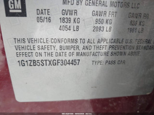 Продаж на аукціоні авто 2016 Chevrolet Malibu Ls, vin: 1G1ZB5STXGF304457, номер лоту: 45291588