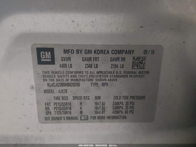 45291598 :رقم المزاد ، KL4CJGSB5HB028260 vin ، 2017 Buick Encore Essence مزاد بيع