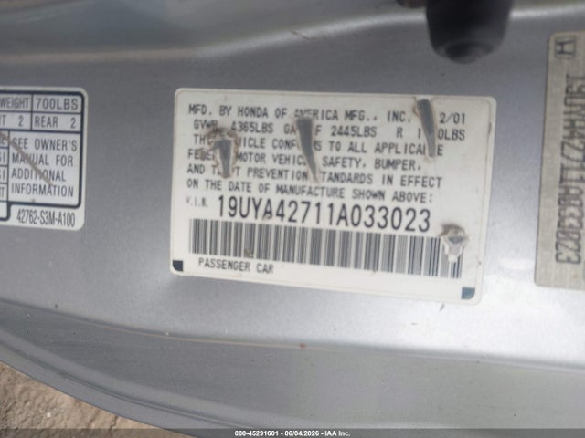 Aukcja sprzedaży 2001 Acura Cl 3.2 Type S, vin: 19UYA42711A033023, numer aukcji: 45291601
