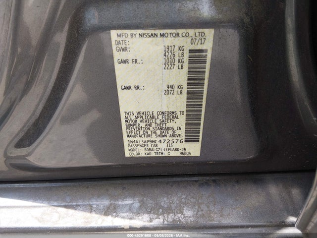 2017 Nissan Altima 2.5 S მანქანა იყიდება აუქციონზე, vin: 1N4AL3AP9HC472576, აუქციონის ნომერი: 45291608