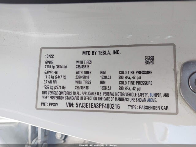 Aukcja sprzedaży 2023 Tesla Model 3 Rear-wheel Drive, vin: 5YJ3E1EA3PF400216, numer aukcji: 45291612