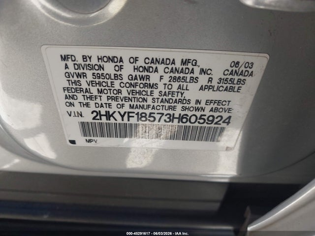 2003 Honda Pilot Ex-l მანქანა იყიდება აუქციონზე, vin: 2HKYF18573H605924, აუქციონის ნომერი: 45291617