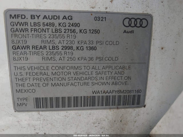 Aukcja sprzedaży 2021 Audi Q5 Premium 45 Tfsi Quattro S Tronic, vin: WA1AAAFY6M2081160, numer aukcji: 45291620