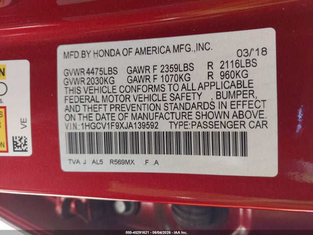 1HGCV1F9XJA139592 Honda Accord Touring
