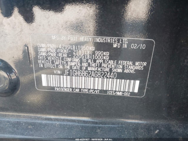 Продаж на аукціоні авто 2010 Subaru Impreza 2.5i Premium, vin: JF1GH6B62AG822440, номер лоту: 45291627
