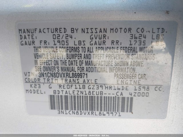 Продажа на аукционе авто 2024 Nissan Versa 1.6 S, vin: 3N1CN8DVXRL869971, номер лота: 45291635