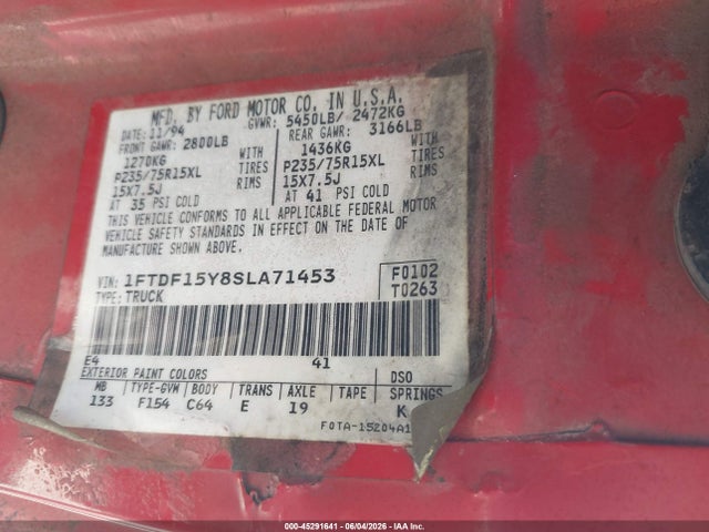 Aukcja sprzedaży 1995 Ford F150, vin: 1FTDF15Y8SLA71453, numer aukcji: 45291641