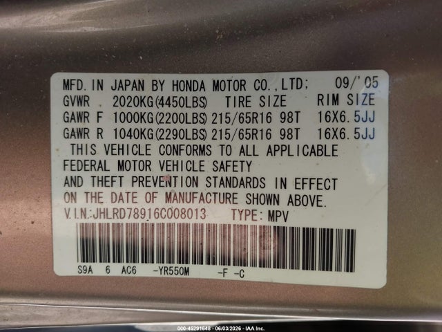 2006 Honda Cr-v Se მანქანა იყიდება აუქციონზე, vin: JHLRD78916C008013, აუქციონის ნომერი: 45291648
