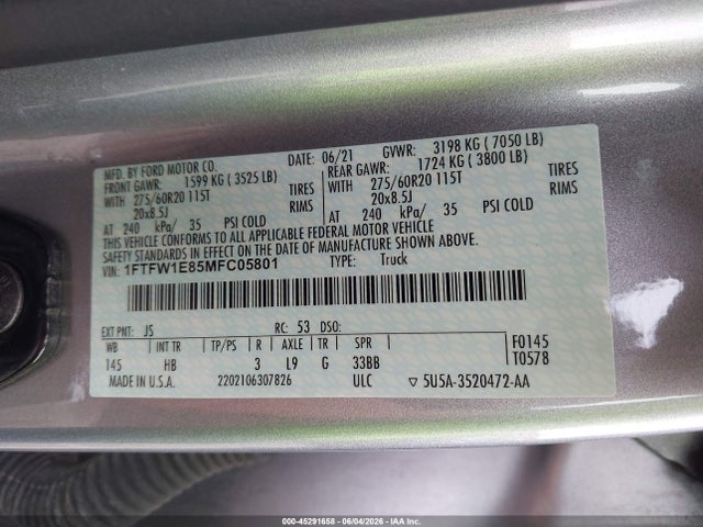 Ford F-150 Lariat 2021 1FTFW1E85MFC05801 Image 9