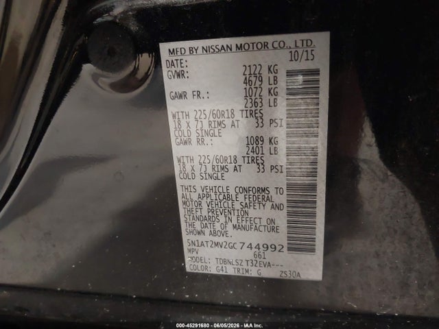 Продажа на аукционе авто 2016 Nissan Rogue Sl, vin: 5N1AT2MV2GC744992, номер лота: 45291680