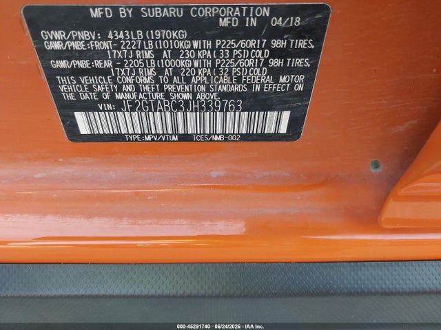 2018 Subaru Crosstrek 2.0i Premium მანქანა იყიდება აუქციონზე, vin: JF2GTABC3JH339763, აუქციონის ნომერი: 45291740
