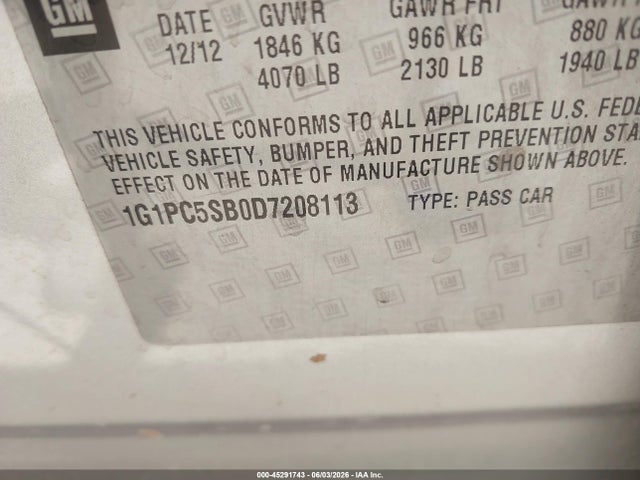 Aukcja sprzedaży 2013 Chevrolet Cruze 1lt Auto, vin: 1G1PC5SB0D7208113, numer aukcji: 45291743