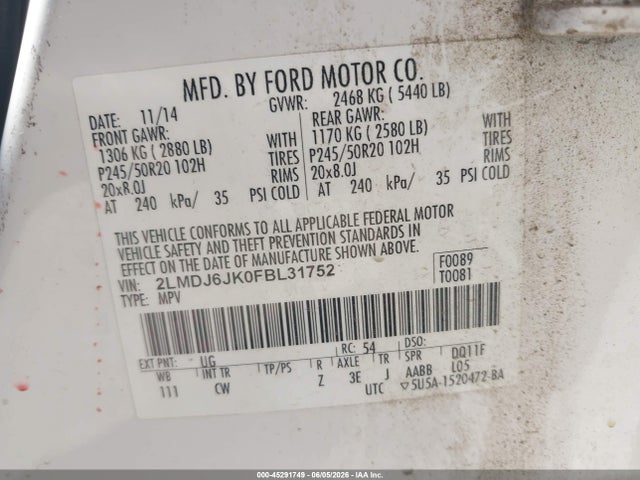 2LMDJ6JK0FBL31752 Lincoln MKX
