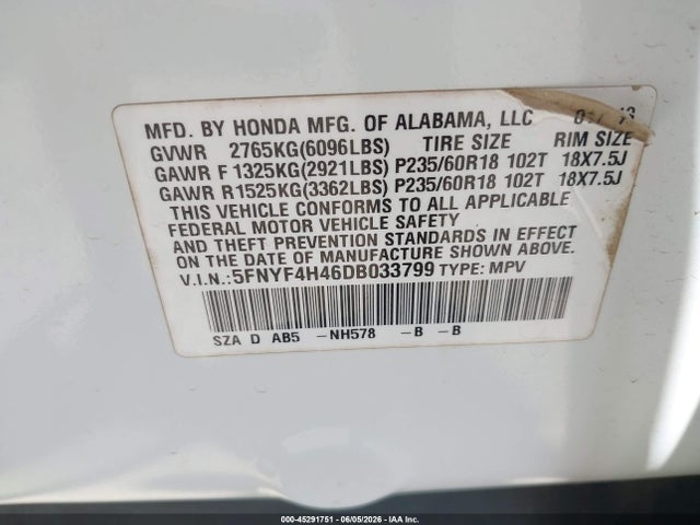 Продажа на аукционе авто 2013 Honda Pilot Ex, vin: 5FNYF4H46DB033799, номер лота: 45291751