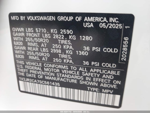 Aukcja sprzedaży 2025 Volkswagen Atlas 2.0t Se W/technology, vin: 1V2JR2CA7SC561435, numer aukcji: 45291752