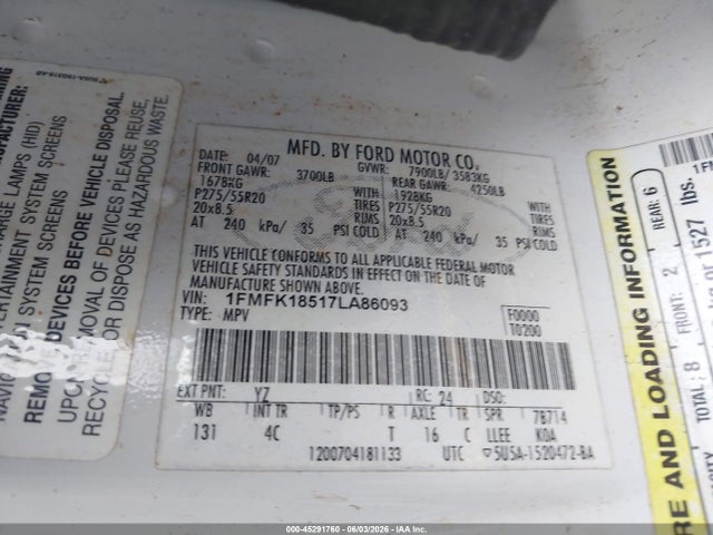Продаж на аукціоні авто 2007 Ford Expedition El Eddie Bauer, vin: 1FMFK18517LA86093, номер лоту: 45291760